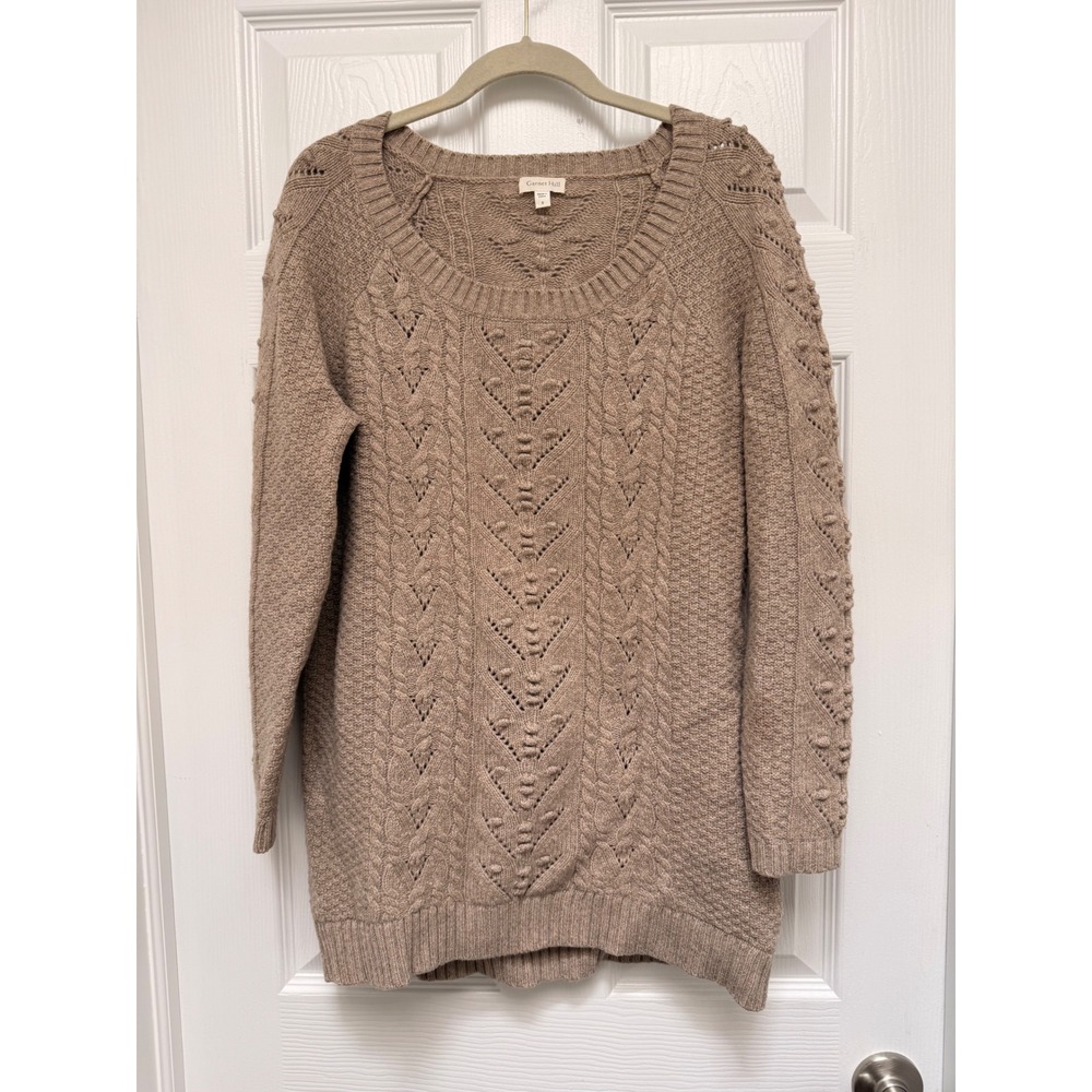 Garnet Hill Extra Fine Merino Wool Cable Knit Tunic Sweater Taupe Brown Small